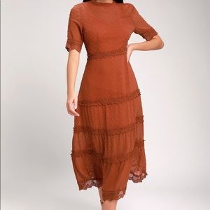 Dreaming of You Rust Orange Swiss Dot Midi Dress